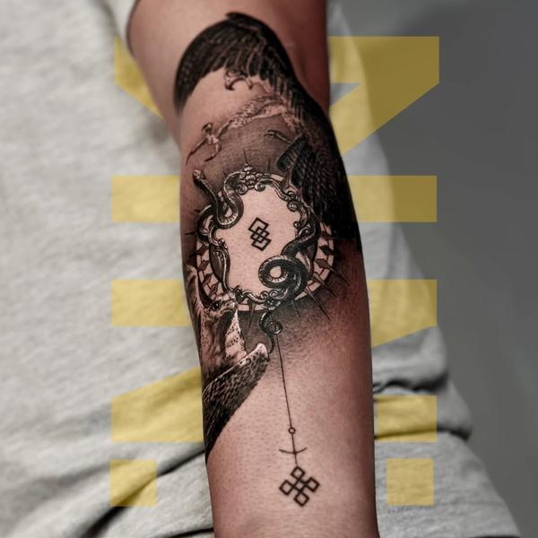 Realism ornate mirror snake tattoo by @dahoonietattoo