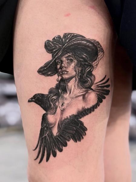 Realism gothic woman crow tattoo by @dahoonietattoo