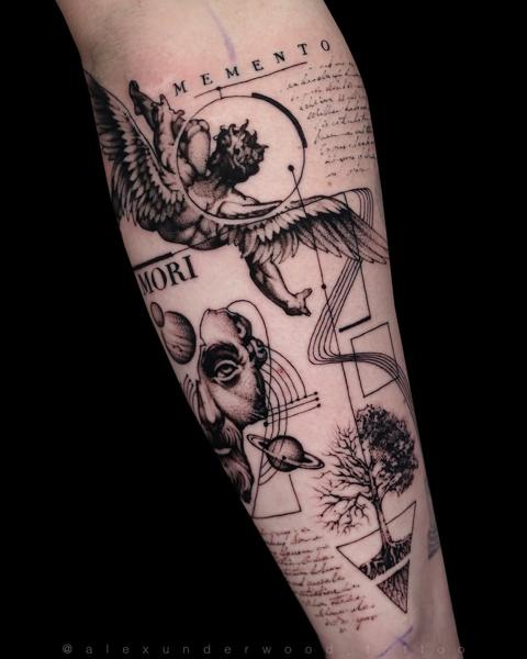 Fine line memento mori tattoo by @alexunderwood_tattoo