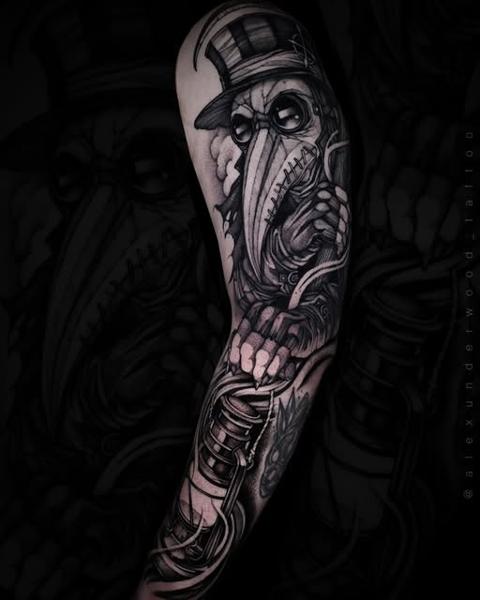 Blackwork plague doctor tattoo by @alexunderwood_tattoo