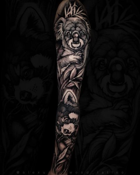 Realism koala and red panda tattoo by @alexunderwood_tattoo