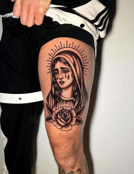 Traditional crying mary rose tattoo by @christinis_inkaholic
