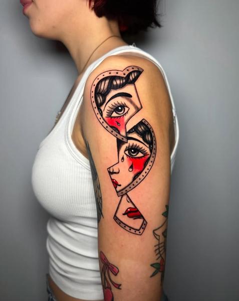 Traditional crying woman heart tattoo by @christinis_inkaholic