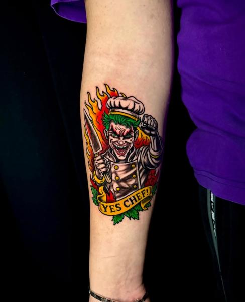 New school joker chef tattoo by @christinis_inkaholic