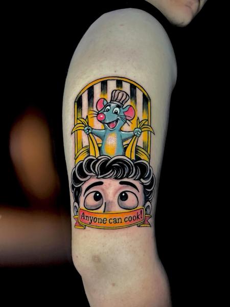 Illustrative chef rat character tattoo by @christinis_inkaholic