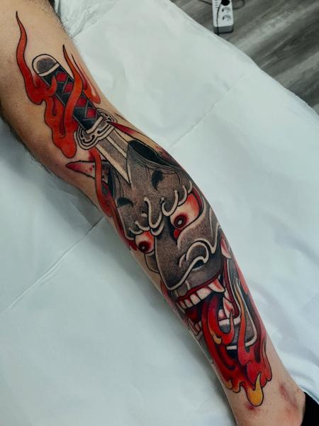 Japanese traditional hannya mask katana tattoo by @alex_the_tattooer