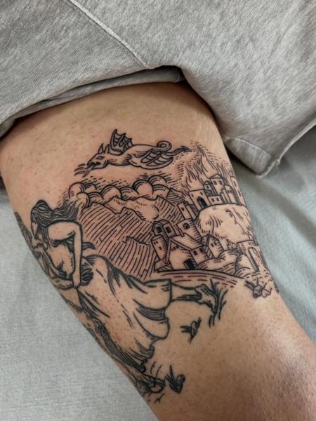 Illustrative blackwork dragon village scene tattoo by @antzas.ttt