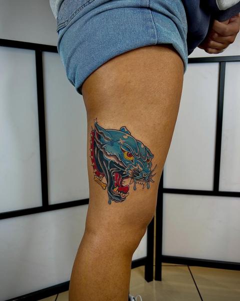 Traditional blue panther tattoo by @antzas.ttt