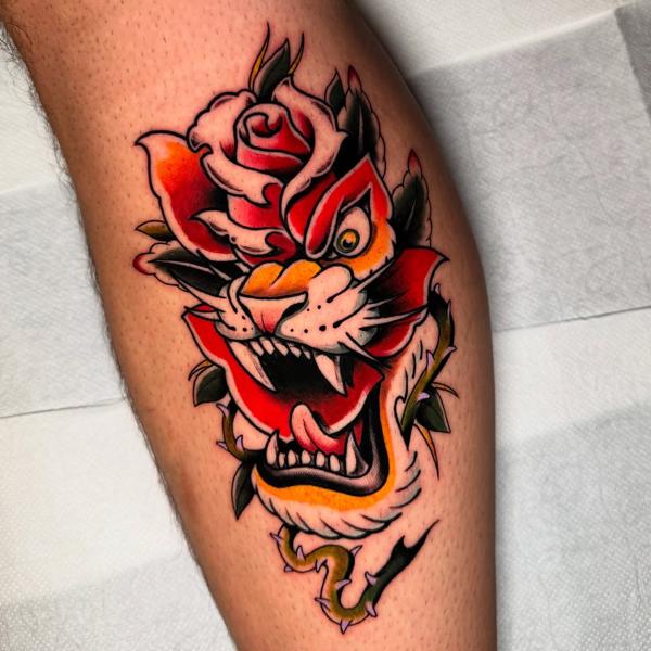 Traditional tiger rose tattoo by @_.aleek