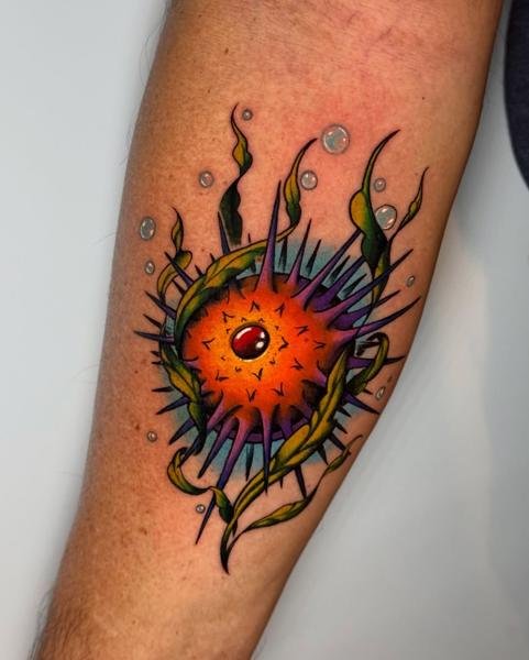 Neo-traditional spiky pufferfish tattoo by @_.aleek
