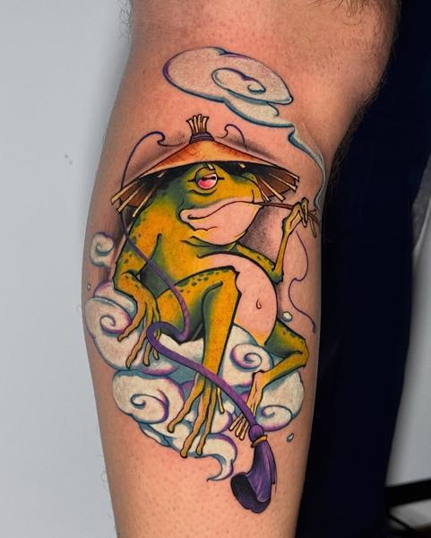 Illustrative smoking frog tattoo by @_.aleek