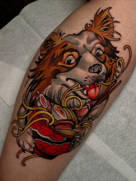 Neo-traditional dog ramen tattoo by @alexnik_tt