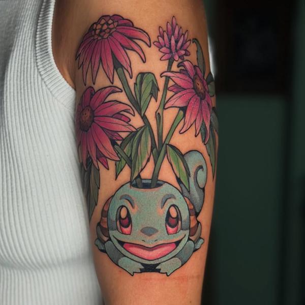 Anime squirtle flowers tattoo by @alexnik_tt