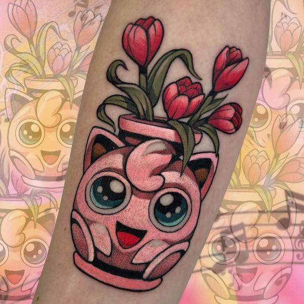 Anime jigglypuff flowerpot tattoo by @alexnik_tt