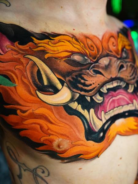 Neo-traditional mythical beast head tattoo by @cappellini_ink
