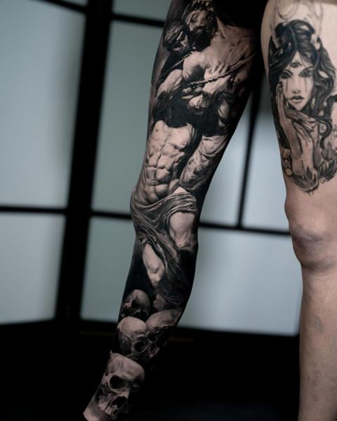 Realism mythological figure tattoo by @alx.tattooart