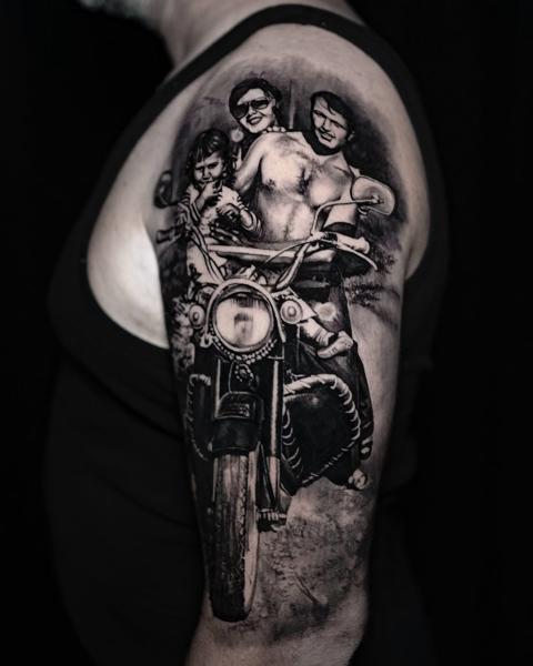Realism family on motorcycle tattoo by @alx.tattooart