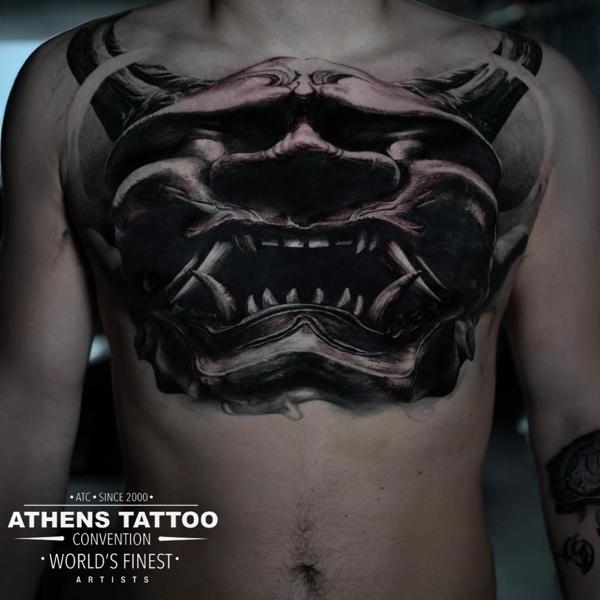 Realism demon mask tattoo by @alx.tattooart