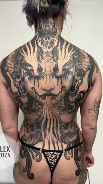 Blackwork demonic face tattoo by @alexgotza