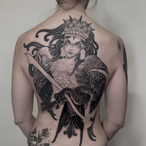 Blackwork warrior angel tattoo by @alexgotza