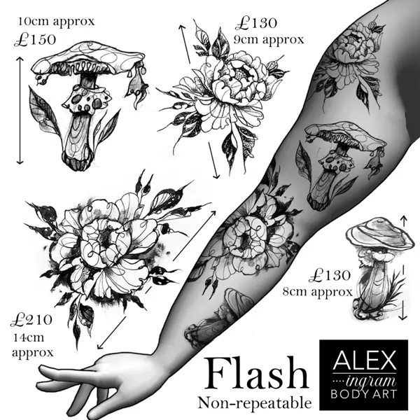 Illustrative mushroom and floral tattoo by @alexingart