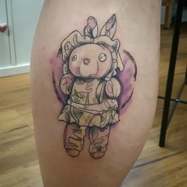 Illustrative stuffed bunny tattoo by @alexingart