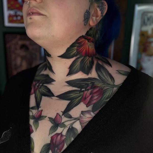 Realism floral neck tattoo by @al_xlatattoos
