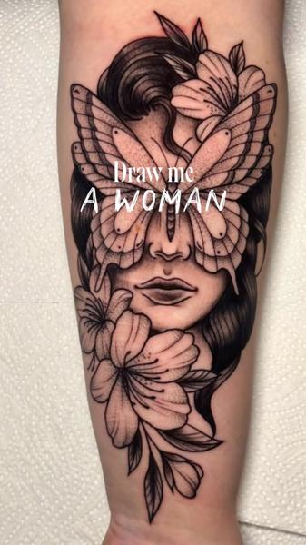 Blackwork woman with butterfly tattoo by @alexmadcity