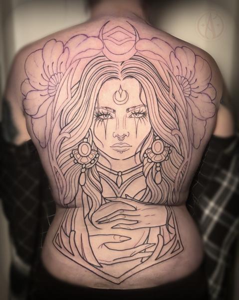 Linework mystical woman tattoo by @alexmadcity