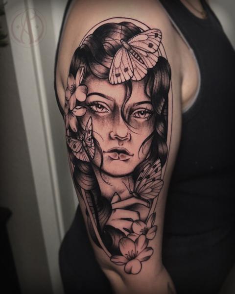 Blackwork woman with butterflies tattoo by @alexmadcity