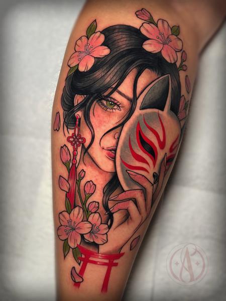 Japanese woman with mask tattoo by @alexmadcity
