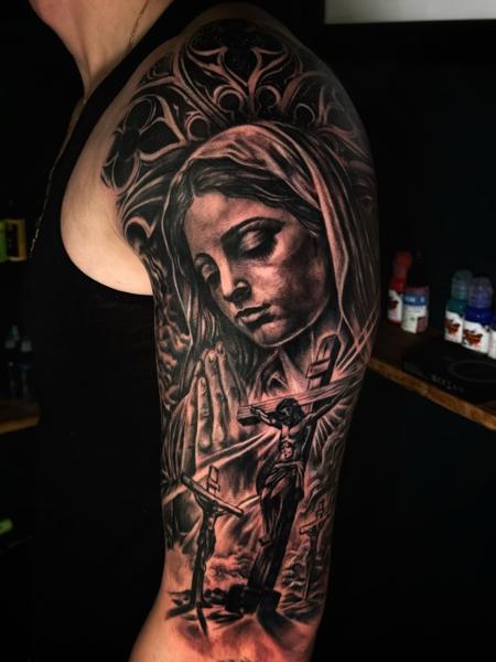 Realism religious portrait tattoo by @ao.tattoos