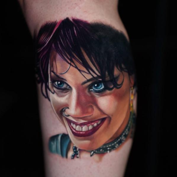 Realism smiling portrait tattoo by @alex_rattray_ink