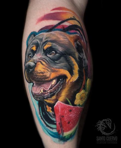 Realism dog portrait tattoo by @alexsanto_tattoos