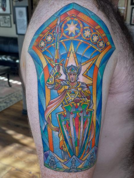 Stained Glass stained glass knight tattoo by @alexschwartztattoos