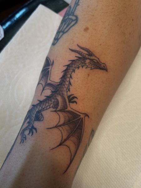 Fine Line dragon tattoo by @alexschwartztattoos