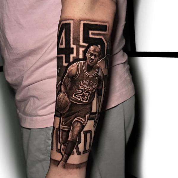 Realism basketball player portrait tattoo by @alfie.wyre.s2