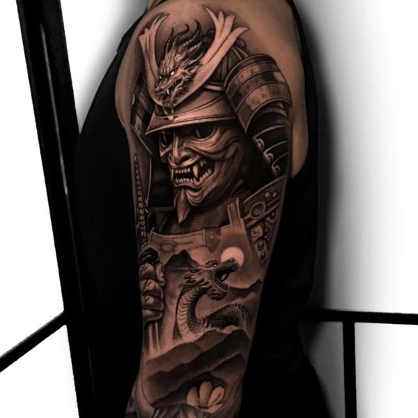 Japanese realism samurai dragon tattoo by @alfie.wyre.s2