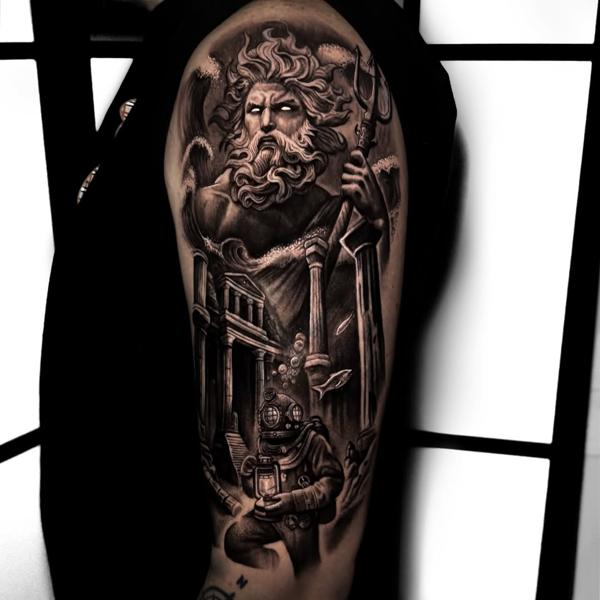 Realism poseidon diver scene tattoo by @alfie.wyre.s2