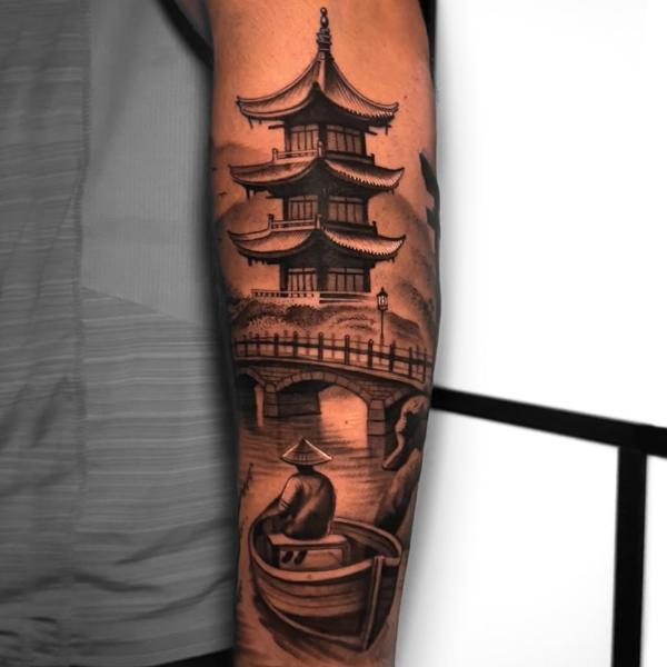 Japanese pagoda landscape tattoo by @alfie.wyre.s2