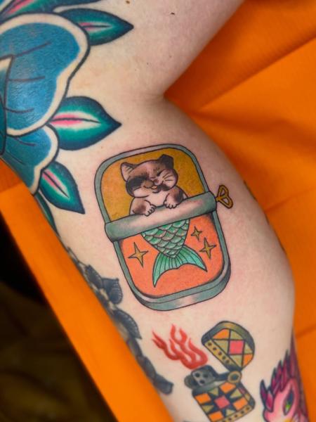 Traditional cat mermaid tattoo by @aliceneedstattoos