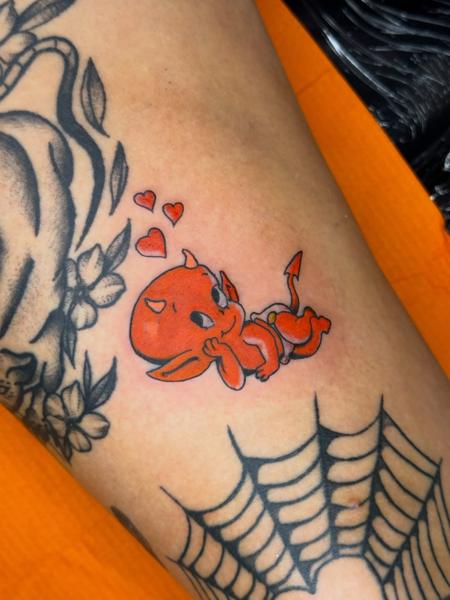 Traditional cute devil tattoo by @aliceneedstattoos