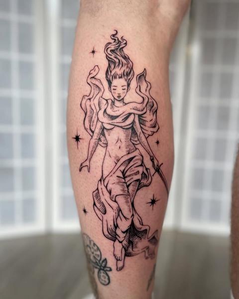 Illustrative flowing goddess tattoo by @inked_by_alice
