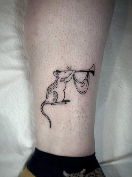 Blackwork mouse trumpet tattoo by @inked_by_alice