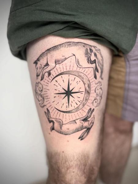 Illustrative fox rabbit moon tattoo by @inked_by_alice