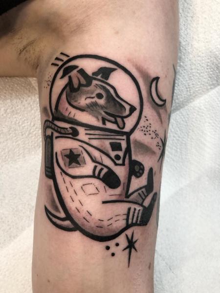 Traditional astronaut dog tattoo by @kelpiebat