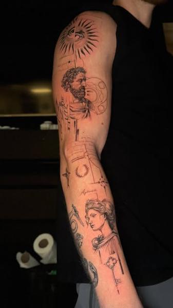 Fine line illustrative classical figures tattoo by @absolute.dots