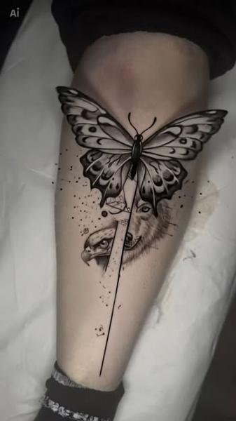 Illustrative realism butterfly wolf eagle tattoo by @absolute.dots