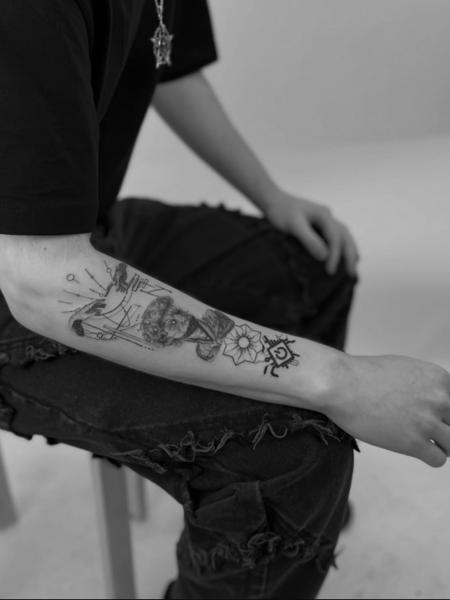 Illustrative blackwork abstract collage tattoo by @absolute.dots