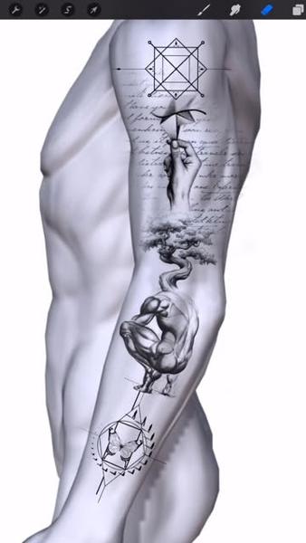 Black and grey realism and geometric abstract figure tree tattoo by @absolute.dots